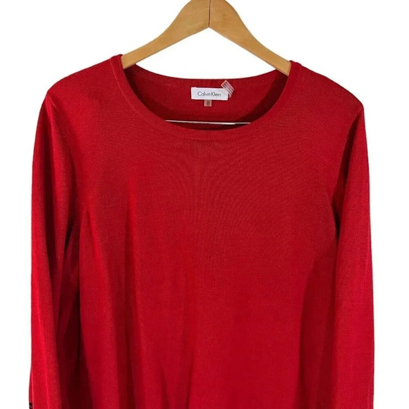 Calvin Klein Red Striped Sweater Tunic XL Slit Hem Black And White Trim Knit Top - Picture 4 of 9